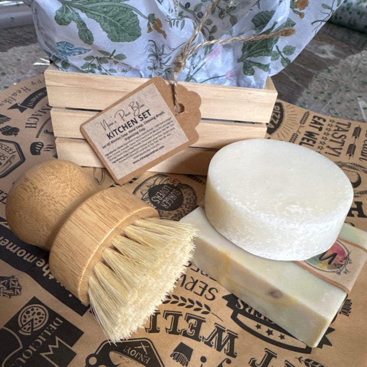 Kitchen soap, eco-friendly, natural oils, grease remover, long-lasting, zero waste, plastic-free, lavender essential oil, tea tree essential oil, floral scent, earthy scent, saponified coconut oil, castor oil, sustainable soap, dishwashing soap, wooden tray, bamboo brush, compostable, natural sisal, ergonomic design, palm fiber, kitchen cleaning, wax wrapping paper, heat resistant, non-stick, waterproof, grease resistant, food wrapping, cedar wood tray, handcrafted soap, artisan soap, handmade in New York, 