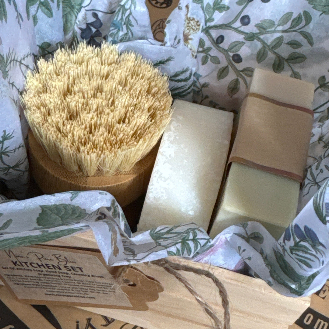 Kitchen soap, eco-friendly, natural oils, grease remover, long-lasting, zero waste, plastic-free, lavender essential oil, tea tree essential oil, floral scent, earthy scent, saponified coconut oil, castor oil, sustainable soap, dishwashing soap, wooden tray, bamboo brush, compostable, natural sisal, ergonomic design, palm fiber, kitchen cleaning, wax wrapping paper, heat resistant, non-stick, waterproof, grease resistant, food wrapping, cedar wood tray, handcrafted soap, artisan soap, handmade in New York, 