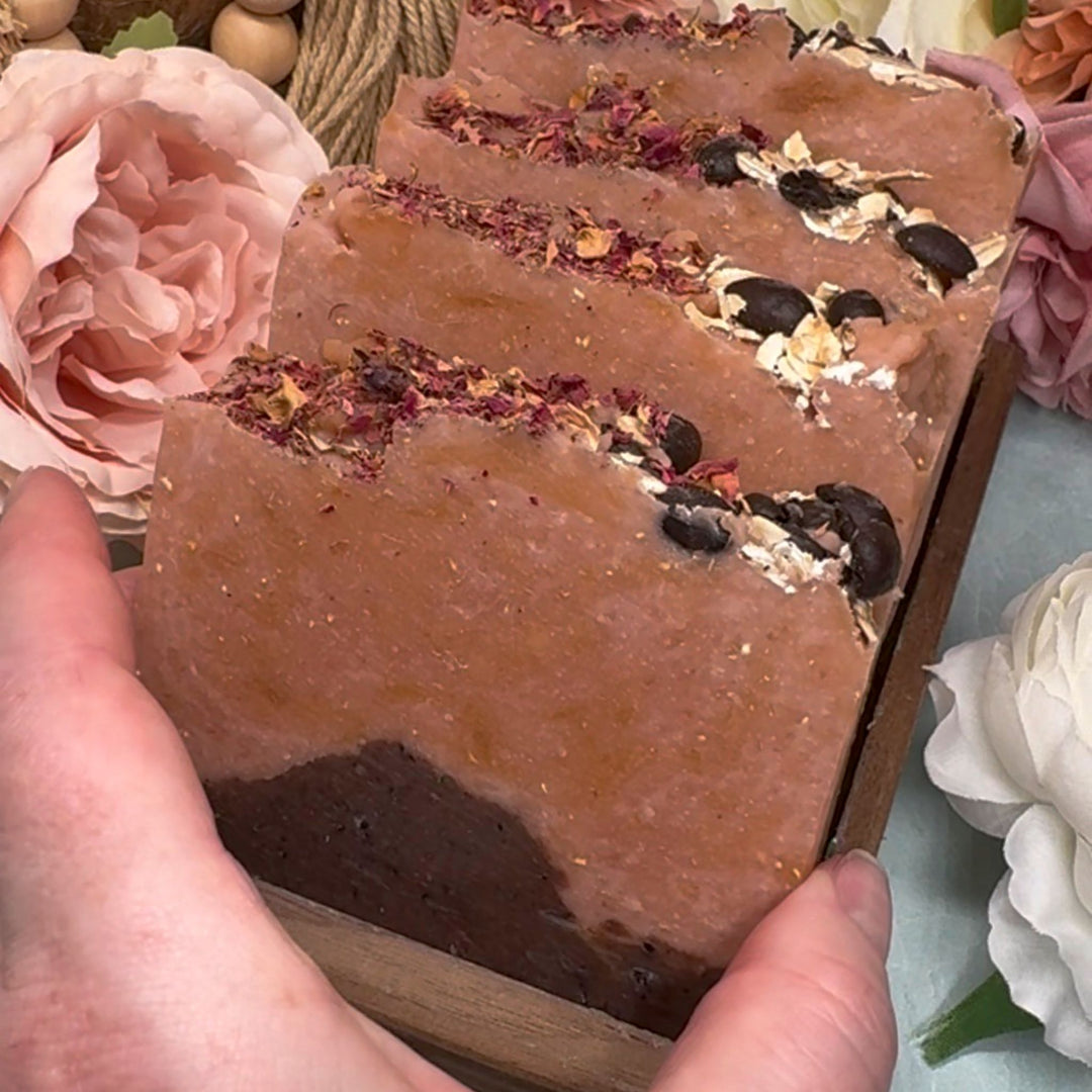 Coffee Oatmeal Scrub Shea Butter Artisan Soap, Woodsy Scent - Nina's Pure Joy